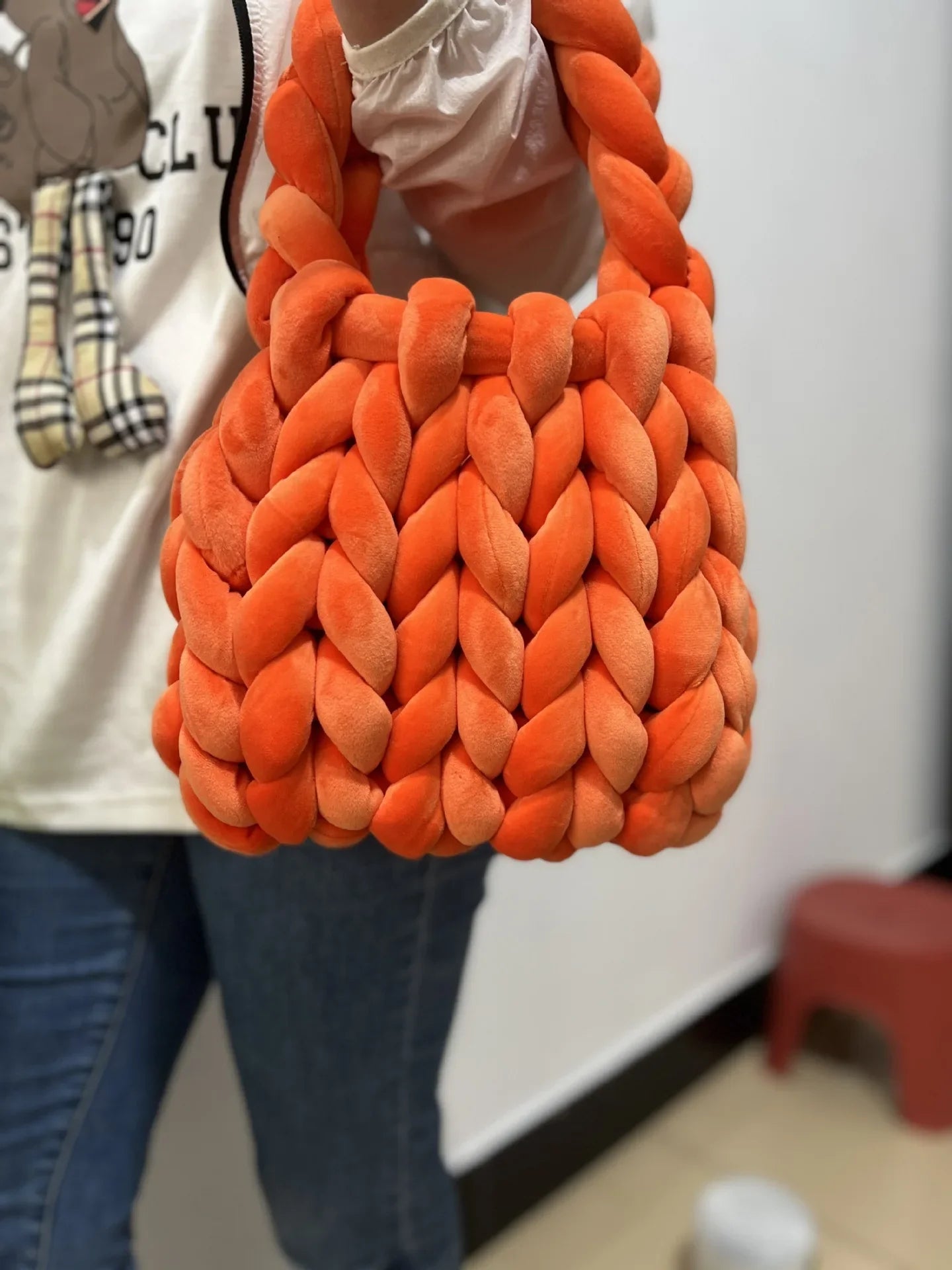 Velvet Bag DIY Hand Woven Bag Crystal Velvet Core Spun Yarn Woven Bag Hand-held Mailman Bag Velvet Handbag New