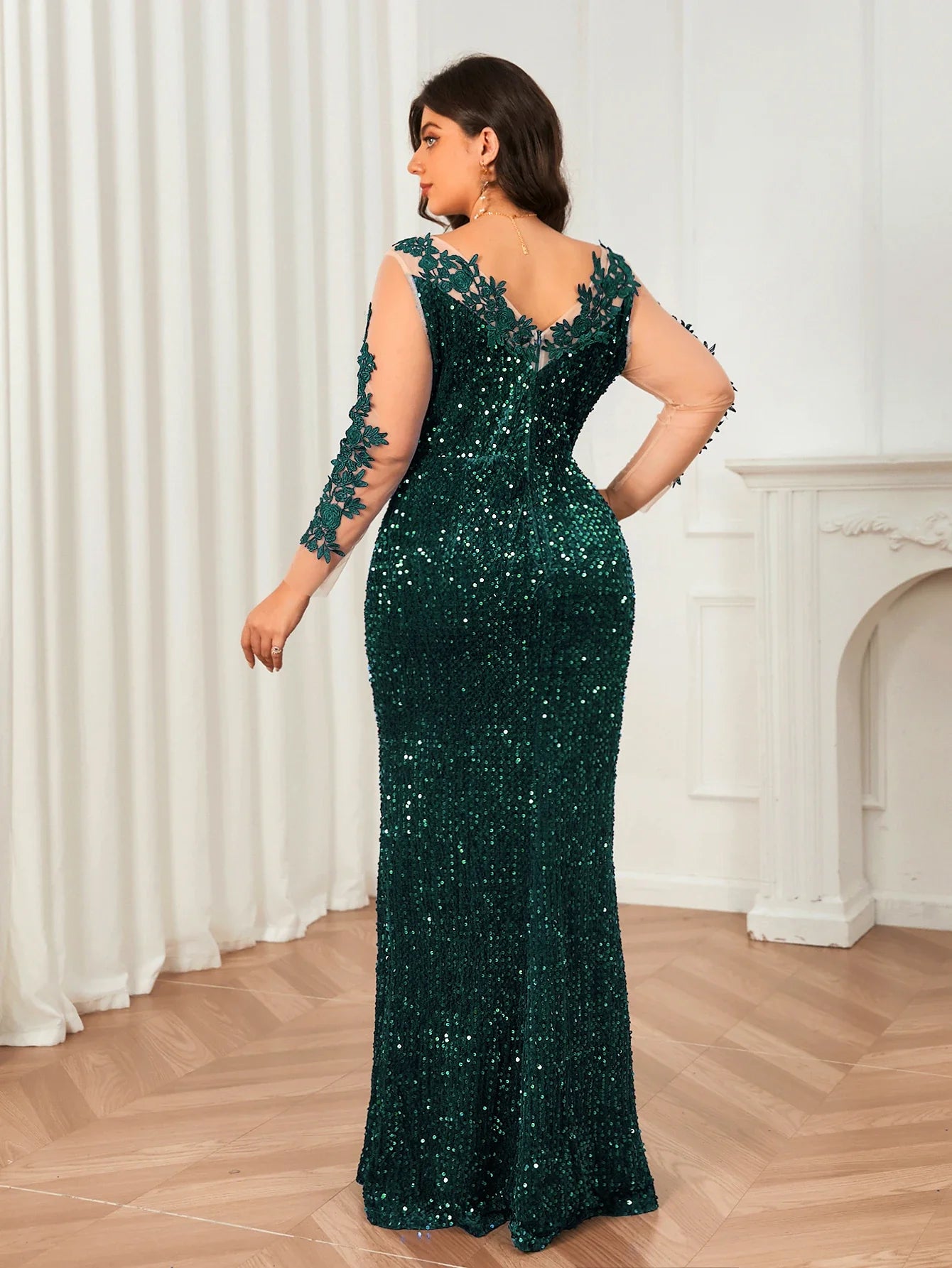 O Neck Curve Long Sequined Velvet Lace Evening Dress Prom Gown Floor Length Backless Maxi Dresses