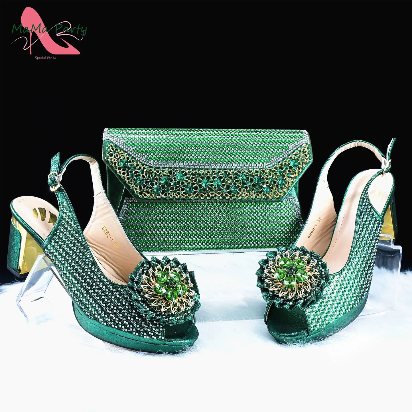 Italian Women Shoes Matching Bag Set in Green Color 7 CM Comfortable Heels with Plaform Elegant Peep Toe Sandals