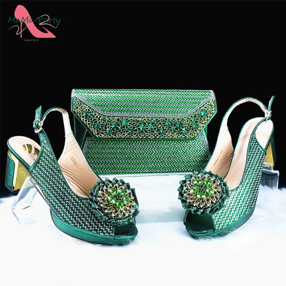 Italian Women Shoes Matching Bag Set in Green Color 7 CM Comfortable Heels with Plaform Elegant Peep Toe Sandals