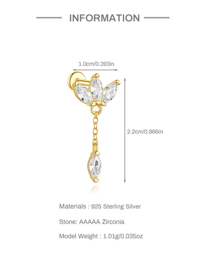 1PC Four Pointed Star Moon Tassel Lotus Cartilage Spiral Puncture 925 Sterling Silver Stud Earring For Women Ins Earring