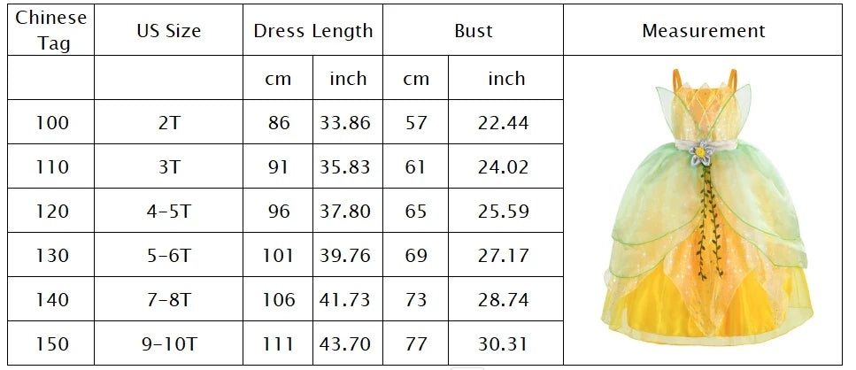 Fairy Tale Princess Costume for Girl Dressy Floral Ball Gown Princess and Frog Cosplay Tiana Halloween Apparel Green Dress 2-10Y
