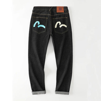 Men's Japanese Handmade Embroidered Cotton Jeans Straight Tube Slim Fit Hip-Hop Trousers Red Ear Detail Devil Big M Golden Text