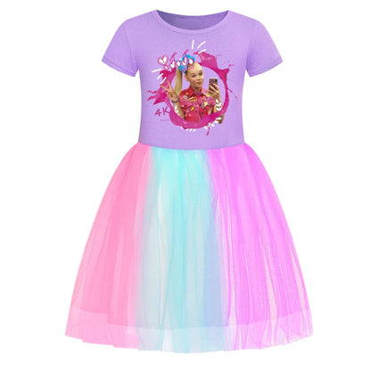 2025 Girls Princess Dress Kids Cute JOJO Siwa T Shirt Pleated Dresses Children Summer Vestidos Cartoon Birthday Party Clothes