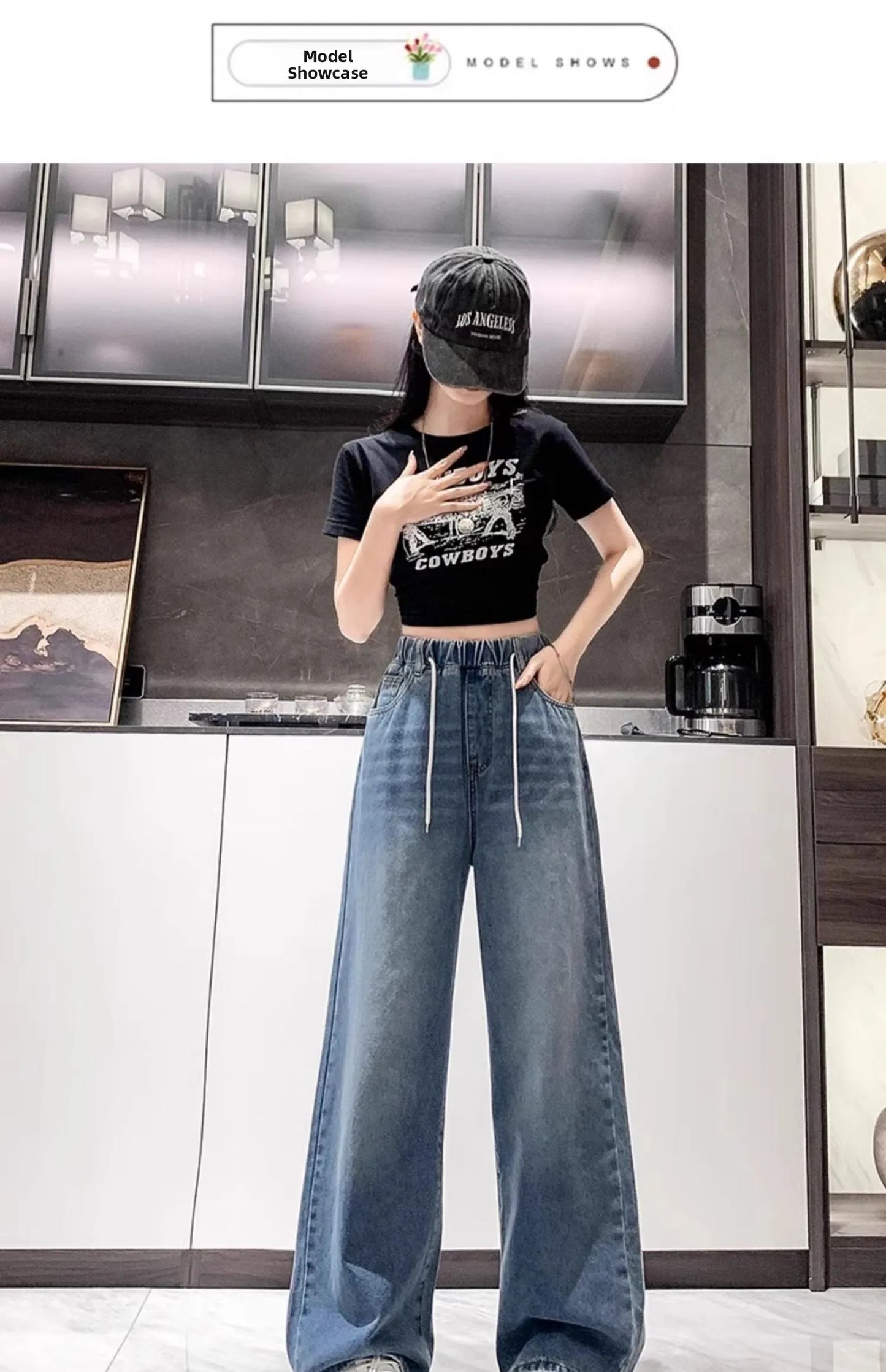 Calça Jeans Feminina Plus Size Folgada Cintura Alta Perna Larga Azul Claro Elástico na Cintura Cordão Calças Outono Moda Plus Size