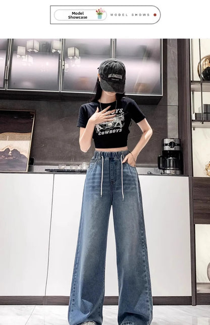 Calça Jeans Feminina Plus Size Folgada Cintura Alta Perna Larga Azul Claro Elástico na Cintura Cordão Calças Outono Moda Plus Size