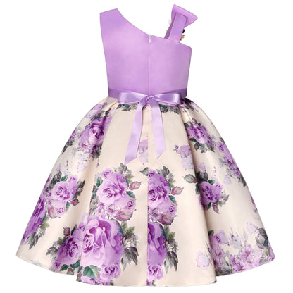 Off-the-Shoulder Dress European and American Princess Dress Girls' Printed Formal Dress Children's Hostess Dress