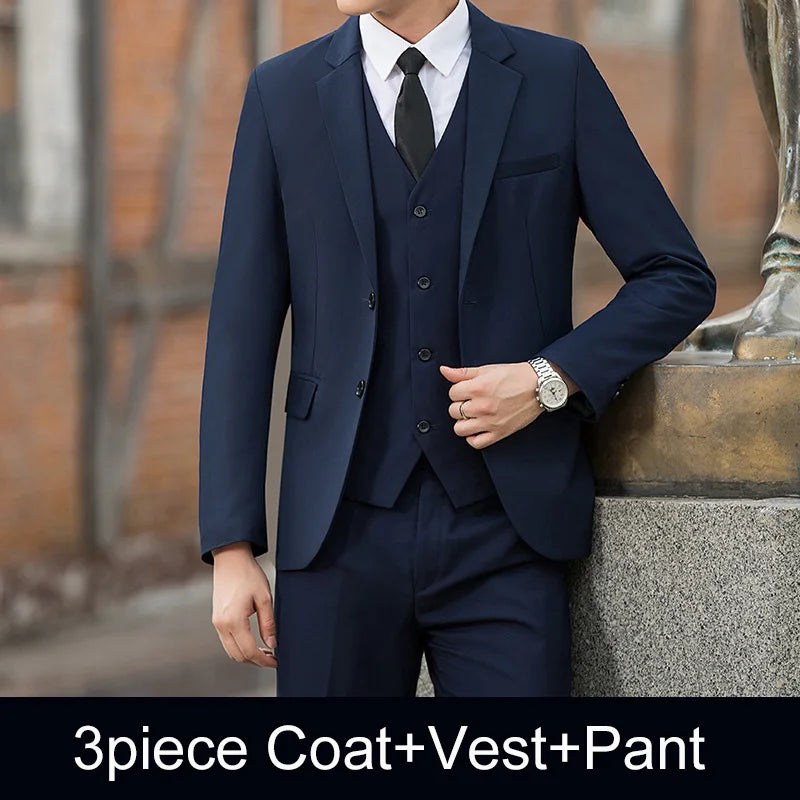 Man Three-piece Sets Fashion Turn Down Collar Coat+Single-breasted Vest+Pant Male Outfit Solid Color Business Wedding Men Suit