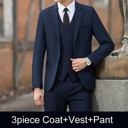 Man Three-piece Sets Fashion Turn Down Collar Coat+Single-breasted Vest+Pant Male Outfit Solid Color Business Wedding Men Suit