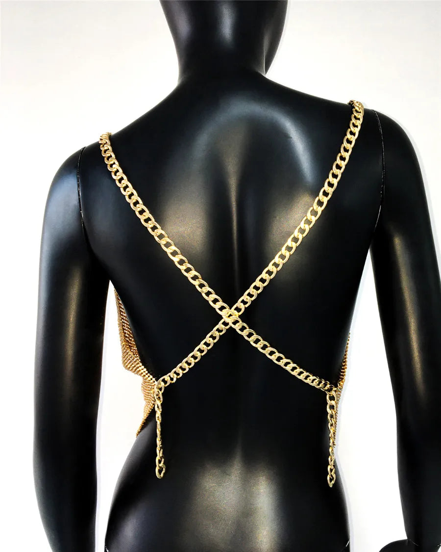 Shiny Rhinestone V Neck Tank Top 2025 Sexy Backless Metal Chain Spaghetti Straps Sling Camisole Women Nightclub Party Crop Top
