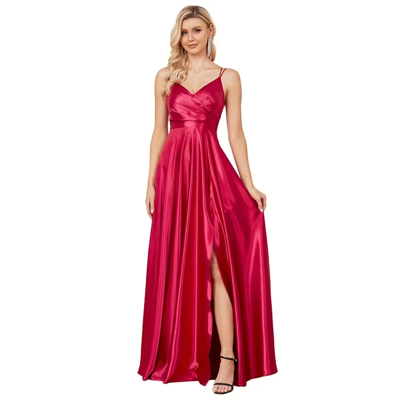Luxury V-Neck Satin Sleeveless Blue Formal Evening Dress 2024 Women Elegant Sexy Slip Wedding Party Long Prom Dress