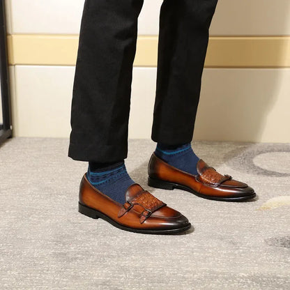 Classic Cow Genuine Leather Men's Loafer Shoes Slip-on Double Buckles Green Black Shoes Wedding Party Formal Shoes for Men