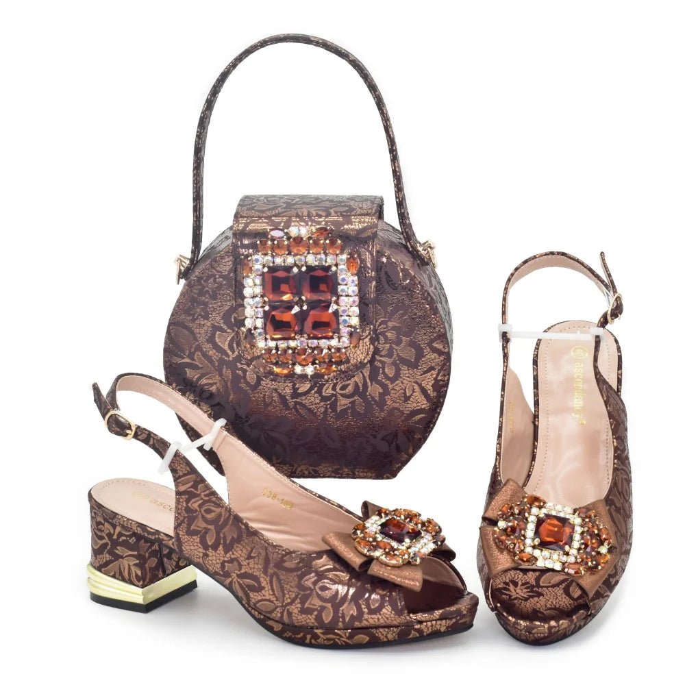 Rhinestone Ladies Shoes and Bags Original Italian Nigeria Party Shoes and Bags for Women Elegant Heeled Shoes for Women