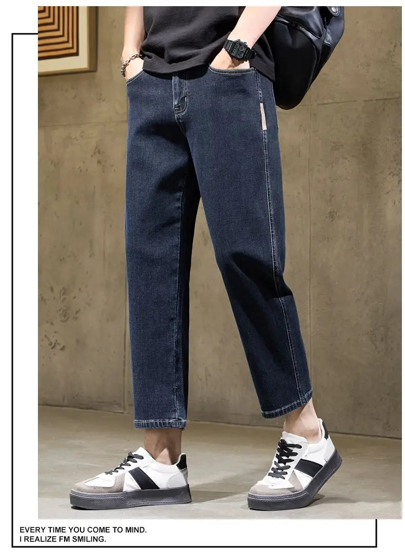 Men's Baggy Straight Leg Jeans Casual Stretch Denim 9-Length Comfortable Loose Trousers Spring Autumn Versatile Wide-Leg Pants