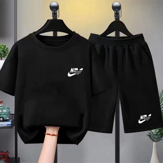 Kids Summer Boy Girl Round Neck Black T-shirt+Shorts Short-sleeved Toddler 3-12Y Casual Sports Set Fashion Pink letter print