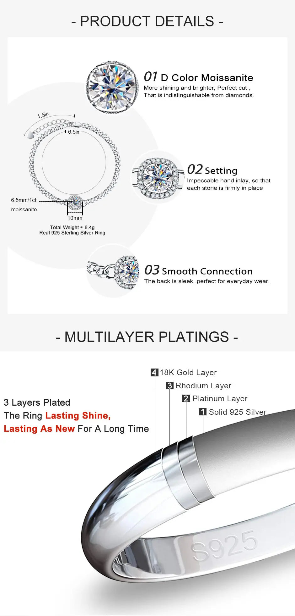 Moissanite Cuban Bracelet On Hand 925 Sterling Silver 18K White Gold Plated  Adjustable Bracelets for Woman Jewelry