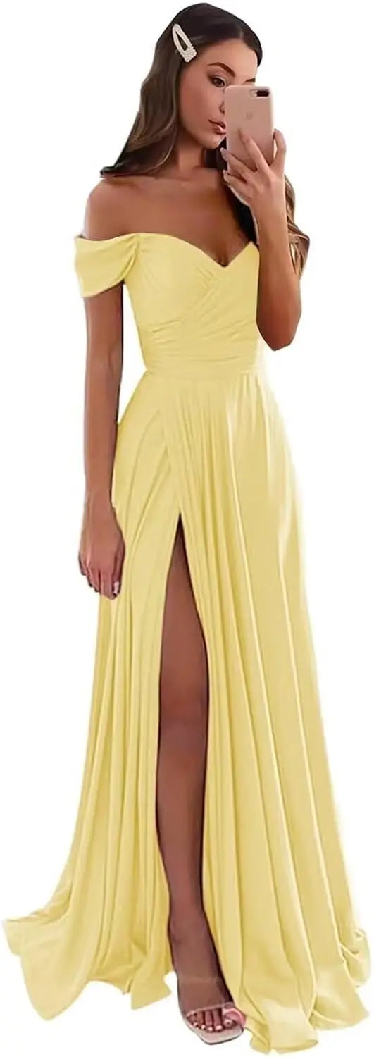 Women's Satin Prom Dresses Long Slit Formal Dresses Off Shoulder Evening Wedding Party Gowns Ruched Sweetheart Lace up Back