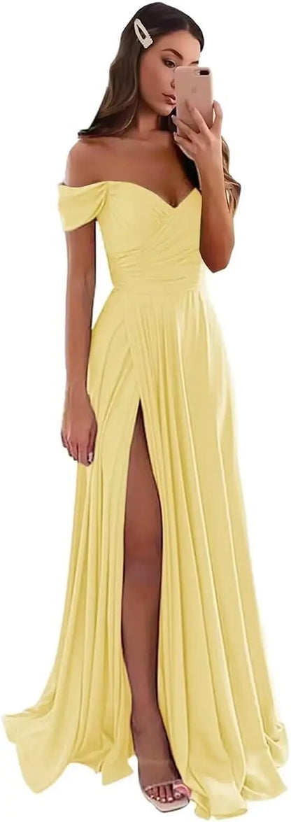 Women's Satin Prom Dresses Long Slit Formal Dresses Off Shoulder Evening Wedding Party Gowns Ruched Sweetheart Lace up Back