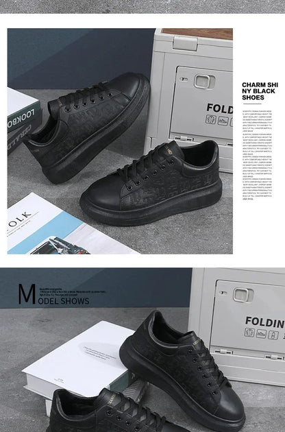 2025 New Men's Shoes Spring and Autumn Flat-soled Casual Leather Shoes Sports Shoes Black and White Men's Thick-soled Breathable