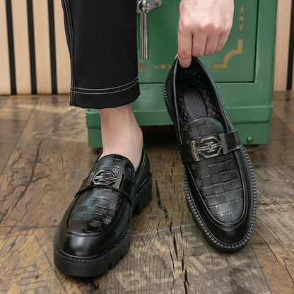 Men Loafers PU Thick Sole Round Toe Checkered Pattern Fashionable Classic Business Formal Shoes