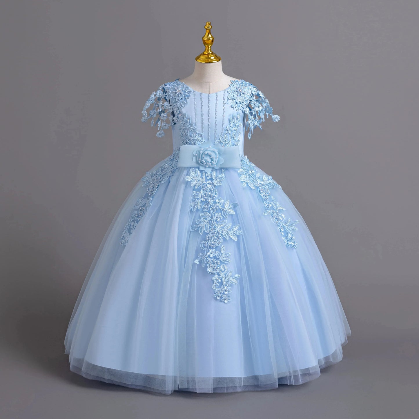 Lace up Tulle Flower Girl Dress Chest with flowers First Communion Ball Gown Wedding Party Bridesmaid Dress Kids 12Y