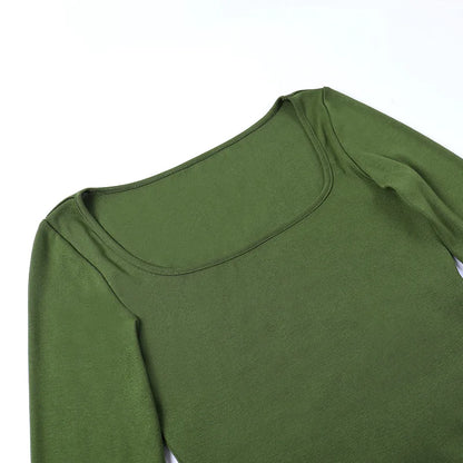 Square Collar Long Sleeve Casual Women T Shirts Green Autumn Skinny Sexy Solid Basic Crop Tops Fashion Streetwear