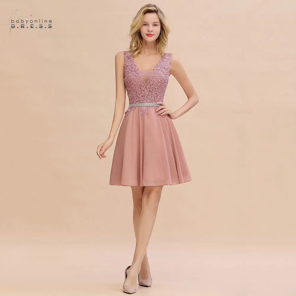 Newest Dusty Pink Sequins Lace Cocktail Dresses With Sashes Sexy V neck A Line Chiffon Short Party Gowns For Prom Evening 2025