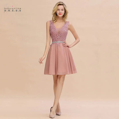Newest Dusty Pink Sequins Lace Cocktail Dresses With Sashes Sexy V neck A Line Chiffon Short Party Gowns For Prom Evening 2025