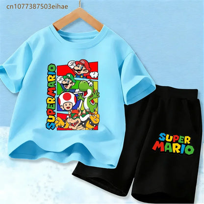 Lovely Mario Pattern Boys Girls Clothing Sets Soft Cotton Short Sleeve T Shirt + Casual Shorts 2PCS Summer Daily Wear Outfits