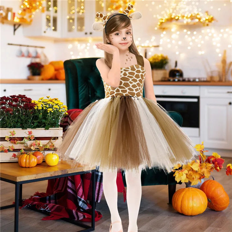 Novo Conjunto de Saia de Tule Roupa Infantil Cos Animal Alce Roupa de Halloween Vestido de Gatinho de Malha para Meninas Vestido para Apresentação Escolar