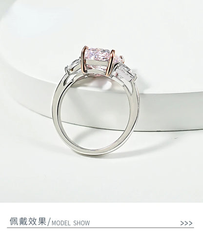 Luxury pink diamond Radian ice cut 925 silver ring set with high carbon diamond temperament versatile ice cut