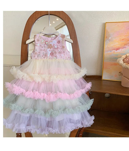 Vestido Regata para Meninas Verão 2025 Novo Vestido Elegante de Malha com Babados para Meninas Vestido Princesa Roupa Infantil de Fada