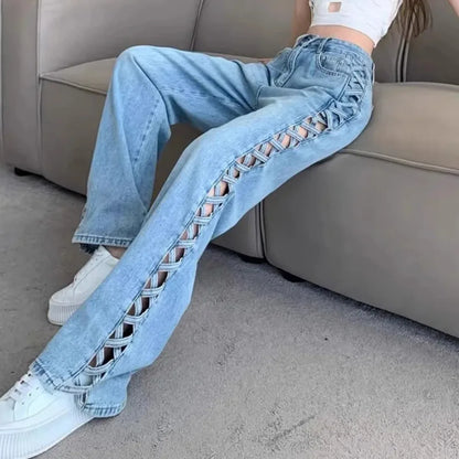 Calça Jeans Feminina Casual Mom Desfiada Cintura Alta Calça Larga Botão Zíper Perna Larga Calça Solta para Escritório Primavera Balada Y2k Streetwear