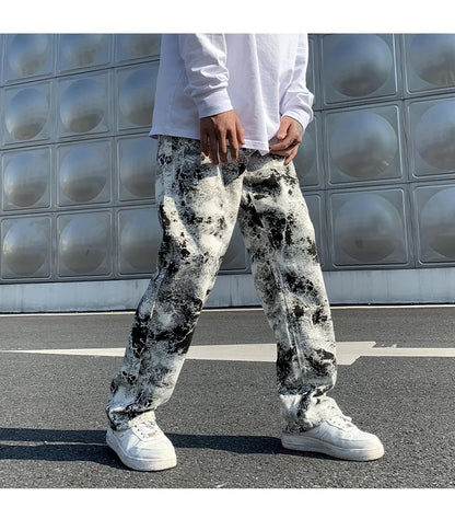 Printed jeans Unisex Elastic waist Spring 2025 Mopping Trousers Jeans Mens Fashion Korean Style High Street Loose Hip Hop Pants