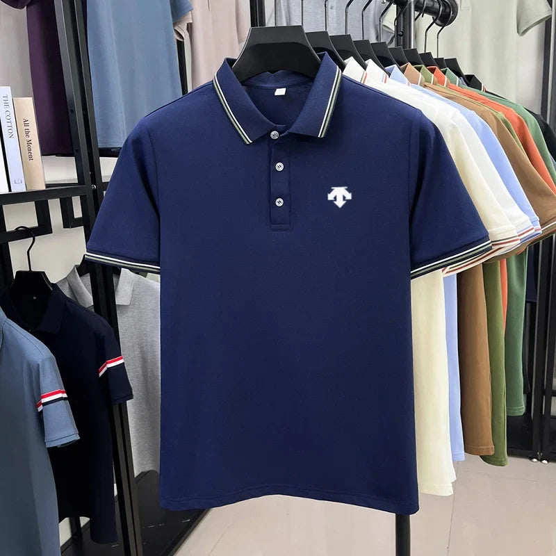 Men's Summer Solid Color Cool Breathable Luxury Polo Shirt Business Casual Collar T-shirt Short Sleeve Top