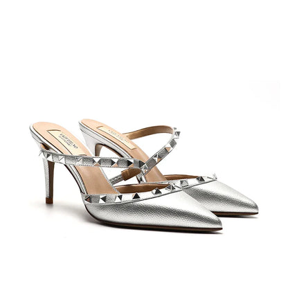 2025 New Genuine Leather Gladiator Pumps Sandals Luxury Metal Rivets Summer Women Outdoor Slippers Black Fashion High Heels 41