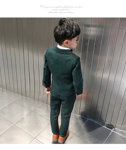 Boys Dark Green Formal Wedding Party Suit Children Blazer Vest Pants Tie 4 PCS Tuxedo Kids Performance Photography Dress Costume