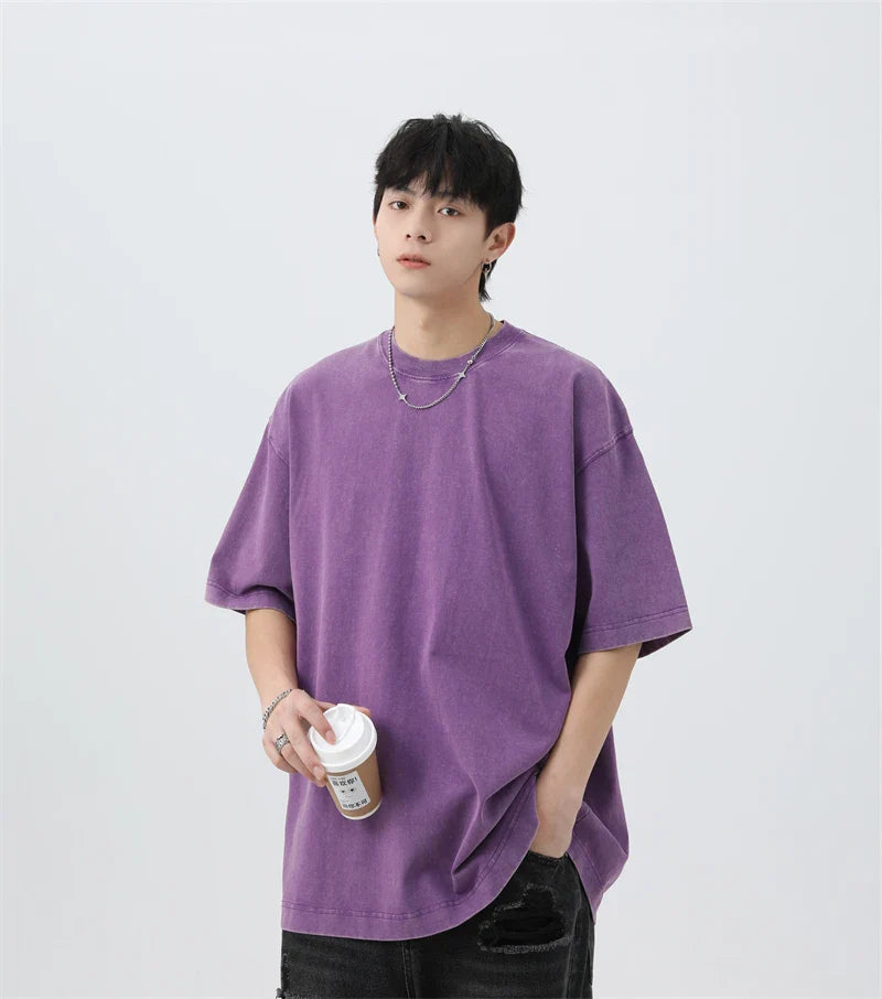 Japanese Korean Style Stir Fried Snowflake Washed T-Shirts Men Women Cotton Heavyweight Summer Hip Hop Streetwears Short Sleeved