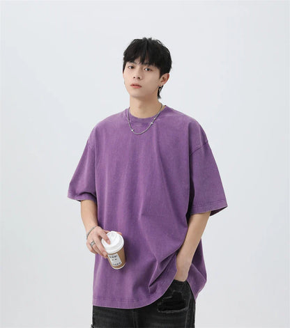 Japanese Korean Style Stir Fried Snowflake Washed T-Shirts Men Women Cotton Heavyweight Summer Hip Hop Streetwears Short Sleeved