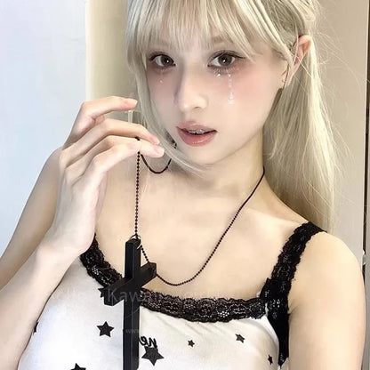 Y2K Wood Cross Pendant Necklace for Women Men Vintage Cool Spicy Girls Hip Hop Fashion Necklace Party Jewelry Accessories Gift