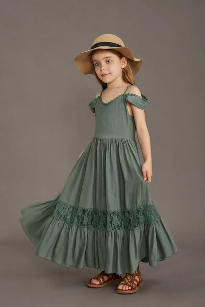 New Summer Strap Ruffle Girls Solid Color Slip Floor Long Dress Baby Kids Evening Party Dress Cloting for 4 6 7 8 10 12 Year