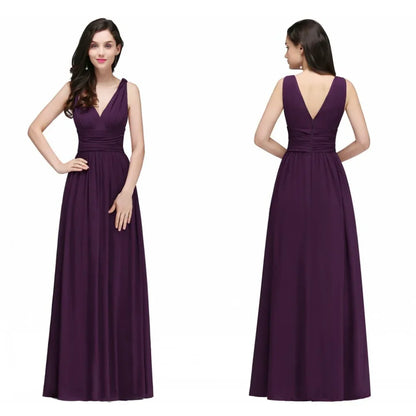 Elegant Burgundy V Neck Long Evening Dresses Summer Sleeveless Chiffon Ruched Formal Wedding Party Prom Gowns Vestido De Fiesta