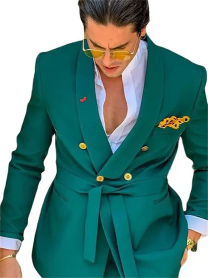 2 Peças Ternos Verdes Masculinos Slim Fit Abotoamento Duplo Lapela Xale Conjunto de Smoking Formal para Casamento Traje Americana Hombre