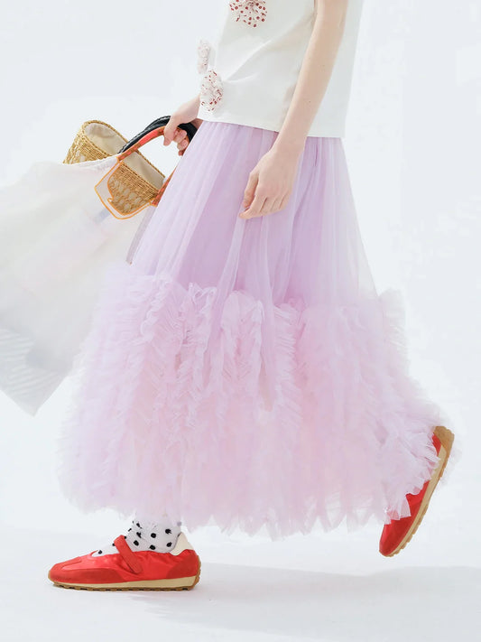 Women's Light Purple Tulle Midi Skirt with Ruffled Hem Elastic Waist Casual Fairy Style Summer  Flowy A-Line Skir 255106
