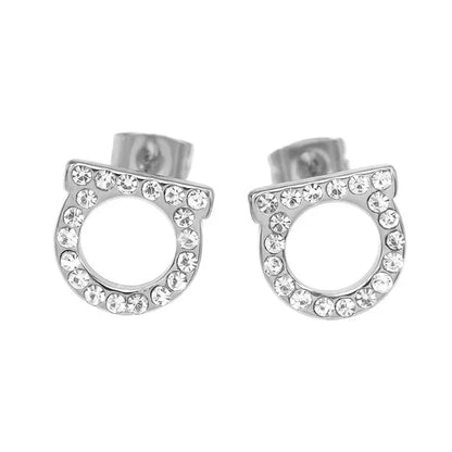 2Pcs of Simple and Luxurious D-shaped Stainless Steel Stud Eearrings Inlaid Sparkling Cubic Zircon Ear Piering Jewelry