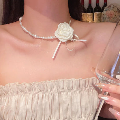 Romantic Niche Pink Sweet Flower Collarbone Chain Versatile Temperament Necklace Women's Pearl Fringe Collarbone Chain