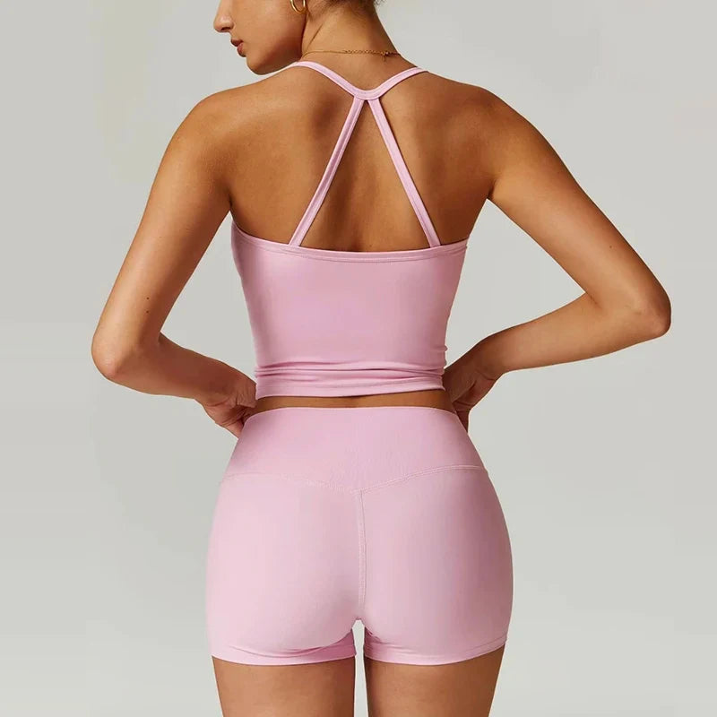 Women's yoga exercise set, popular slim shoulder yoga vest paired with high waisted, waist hugging, naked yoga three part shorts