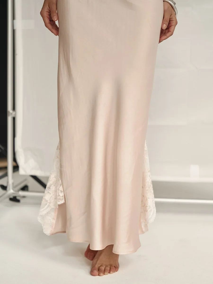 Summer New Lace Camisole Long Dress Women's Imitation Silk Sexy Split Stitch Lace Dress Women Clothing