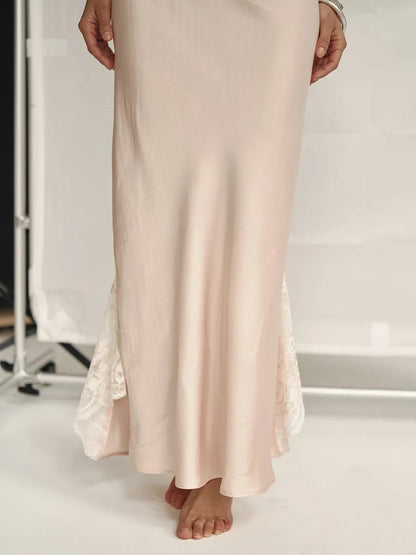 Summer New Lace Camisole Long Dress Women's Imitation Silk Sexy Split Stitch Lace Dress Women Clothing