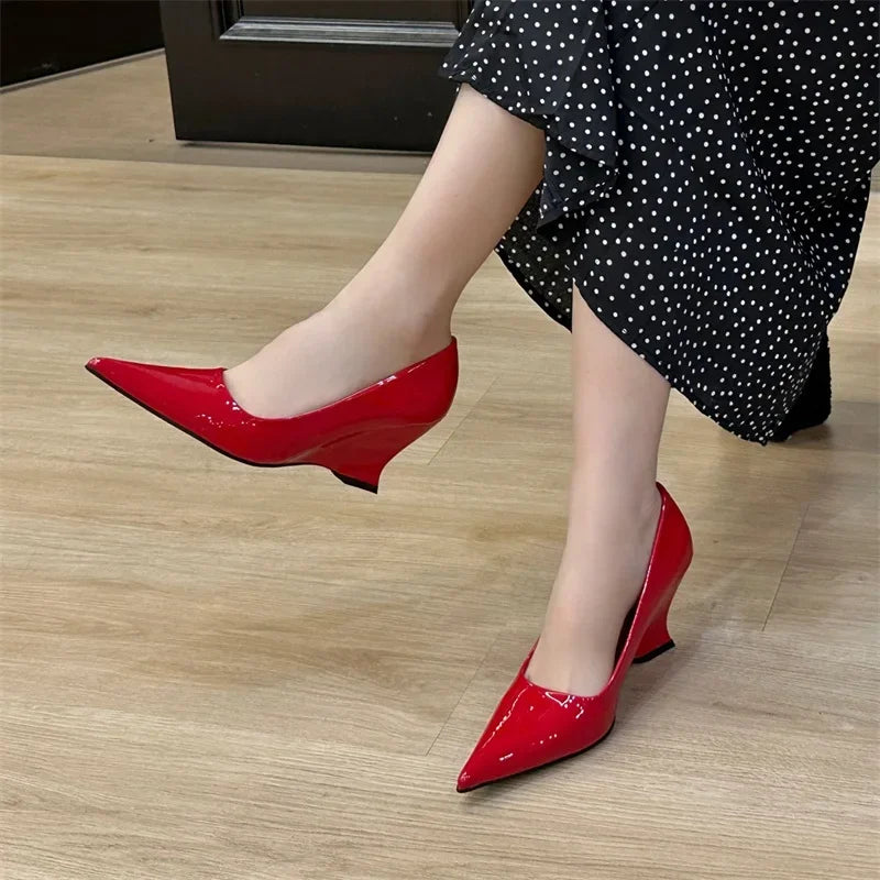 New Design Pointed Toe Wedges High Heels Women Pumps Silver Red Shoes Sexy Wedding Banquet Zapatos Mujer